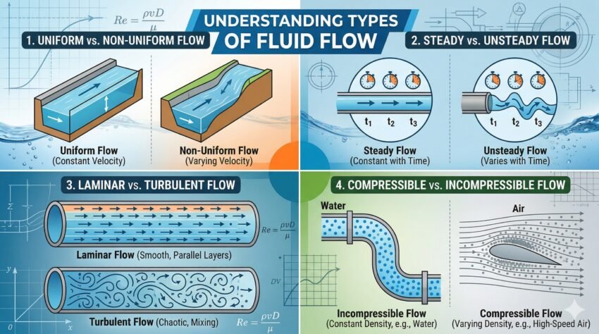 Fluid flow can be classified in various manners. 1. Steady and unsteady flow 2. Uniform and Non Uniform flow 3. Rotational and irrotational flow 4. Laminar and Turbulant flow 5. Compressible and incompressible flow.