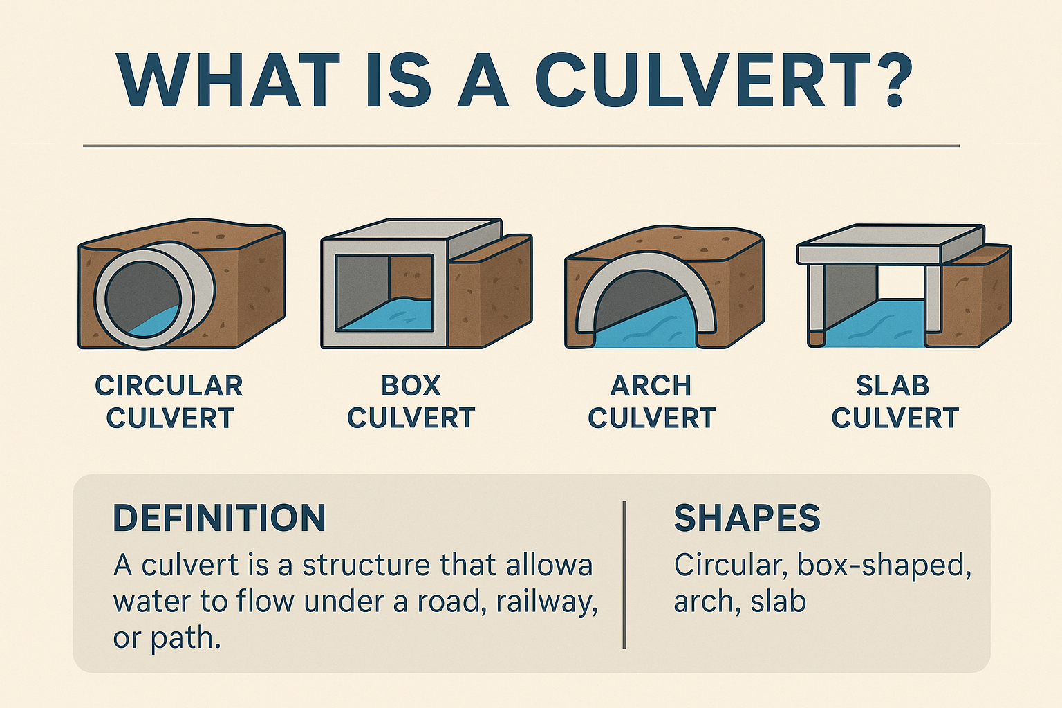A culvert is a tunnel like structure that allows water to flow beneath and allows vehicle to travel above it.