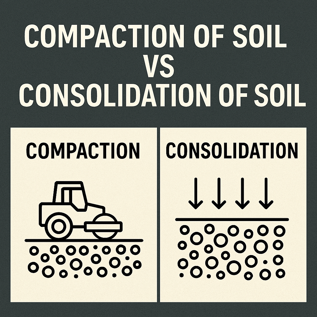 Here you will know about compaction of soil vs consolidation of soil. Compaction of soil is a short duration process while consolidation of soil may take life time of the soil deposit.