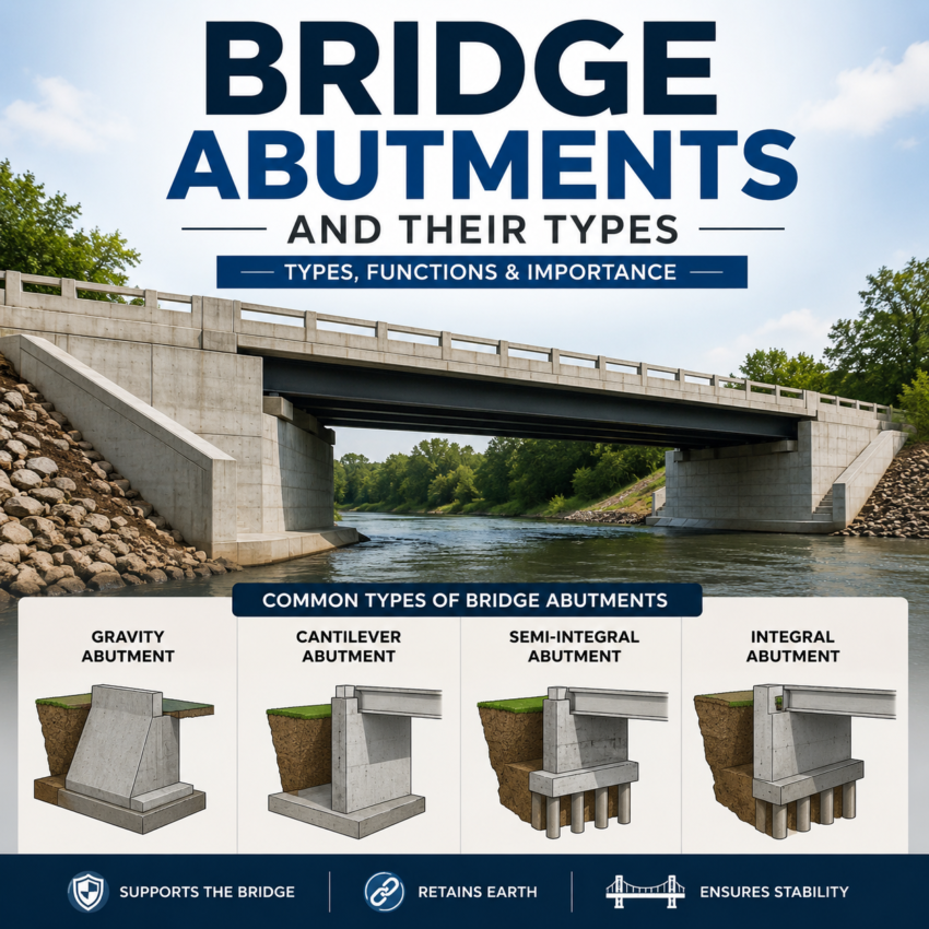 There are many different types of bridge abutments, like counter fort abutment, cantileve abutment. etc. this image is AI generated for illustration purpose.